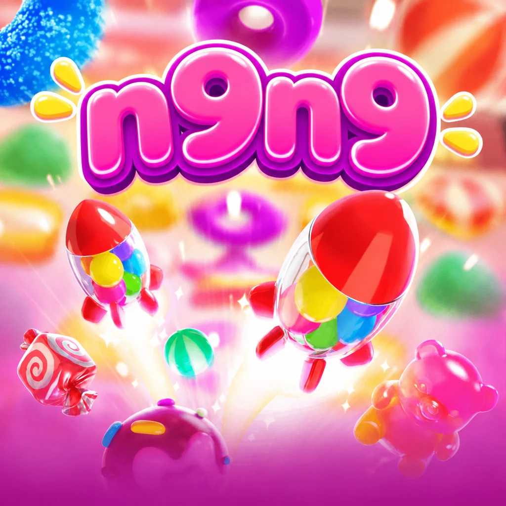 Logo n9n9 cerah berlatar aneka permen manis warna-warni pada permainan Candy Burst