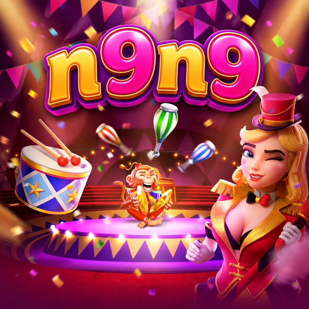 Logo n9n9 di atas panggung sirkus permainan Circus Delight dengan karakter ringmaster wanita, monyet pemain simbal, dan drum