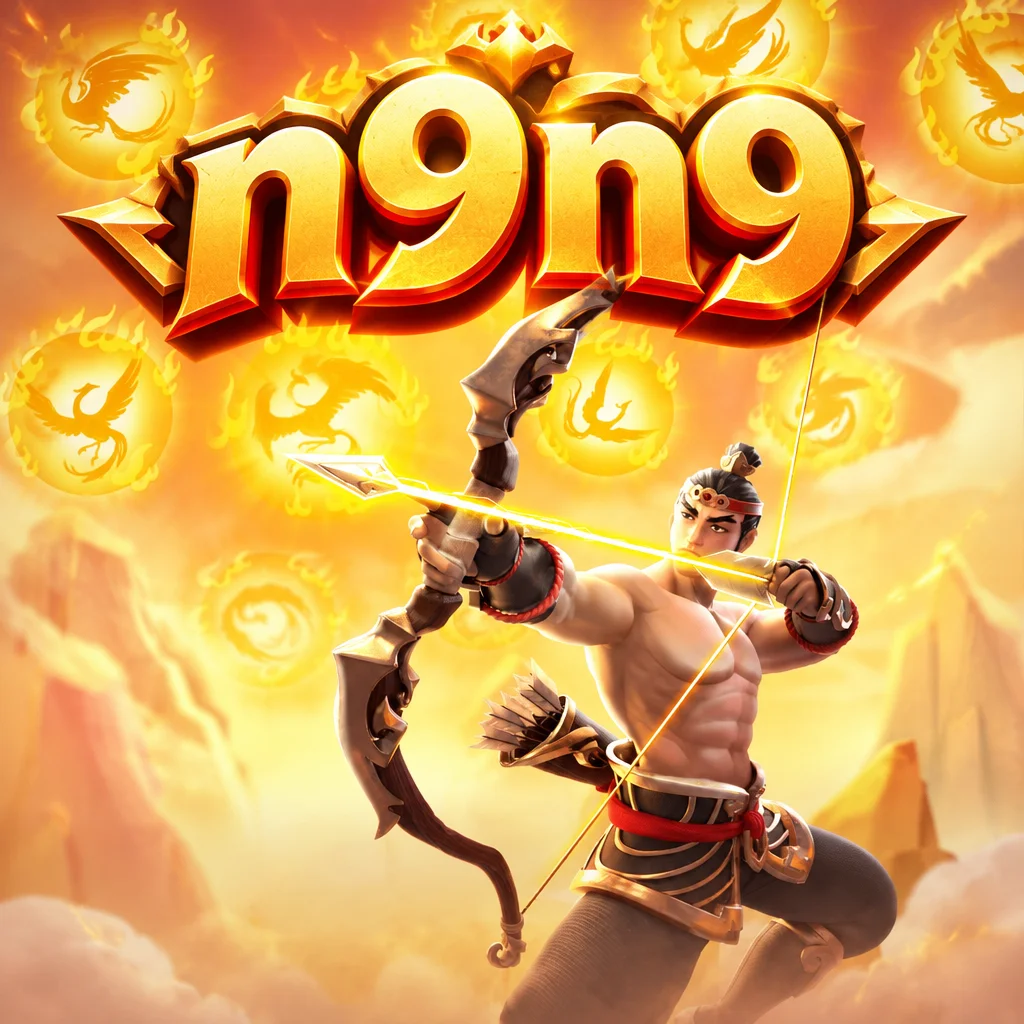 Logo n9n9 bernuansa emas di atas pemanah perkasa berlatar bola api dalam permainan Legend Of Hou Yi